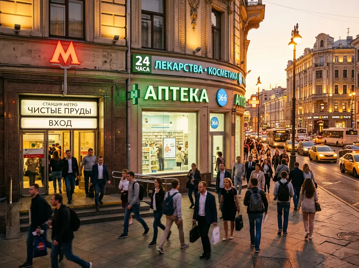 Фасад аптеки у станции метро в центре Москвы, оживлённая улица, тёплый вечерний свет, поток пешеходов