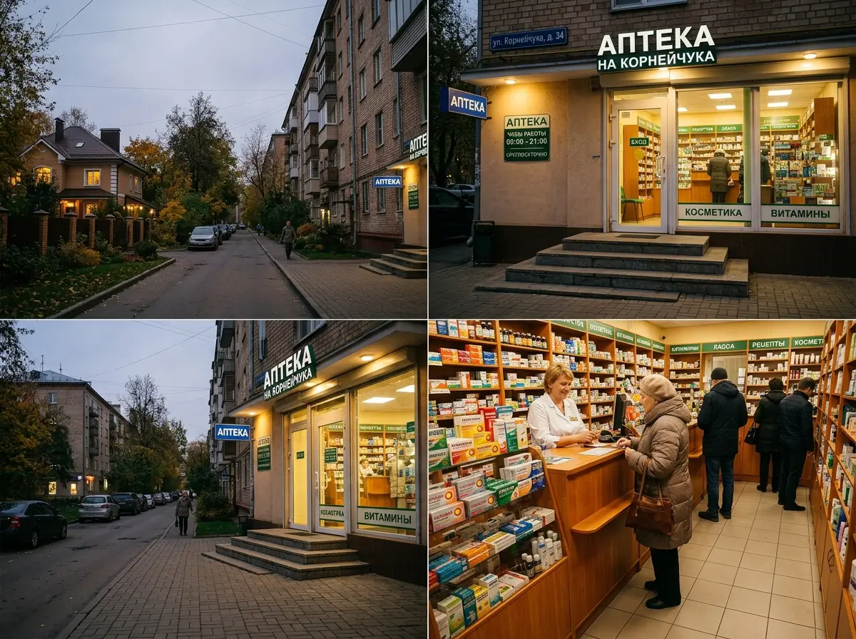 Небольшая районная аптека у дома в спальном районе Москвы, уютный торговый зал, тёплое освещение, полки с товарами