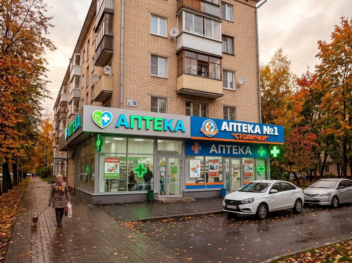 Две аптечные точки сети в жилом квартале Москвы, витрины с логотипом, тихая улица Подмосковья, осенний свет