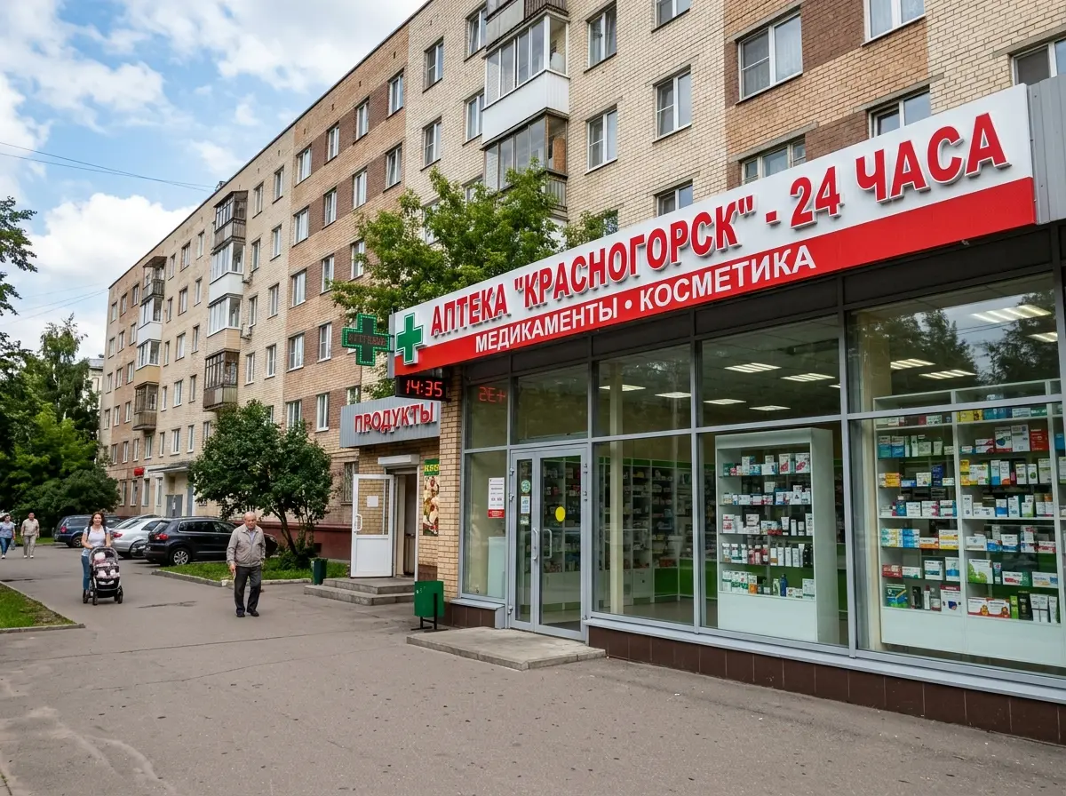 Аптека в Красногорске, торговое помещение в жилом доме Подмосковья, вывеска, витрина, дневной свет